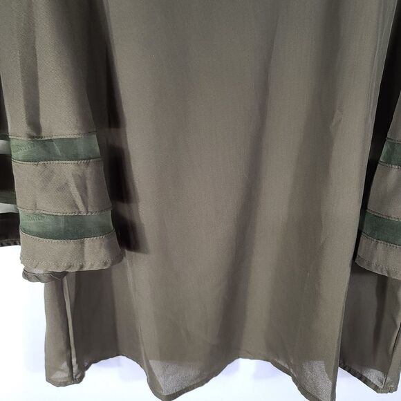 Light Olive V-Neck Mesh-Stripe Bell Sleeve Top - Picture 5 of 8